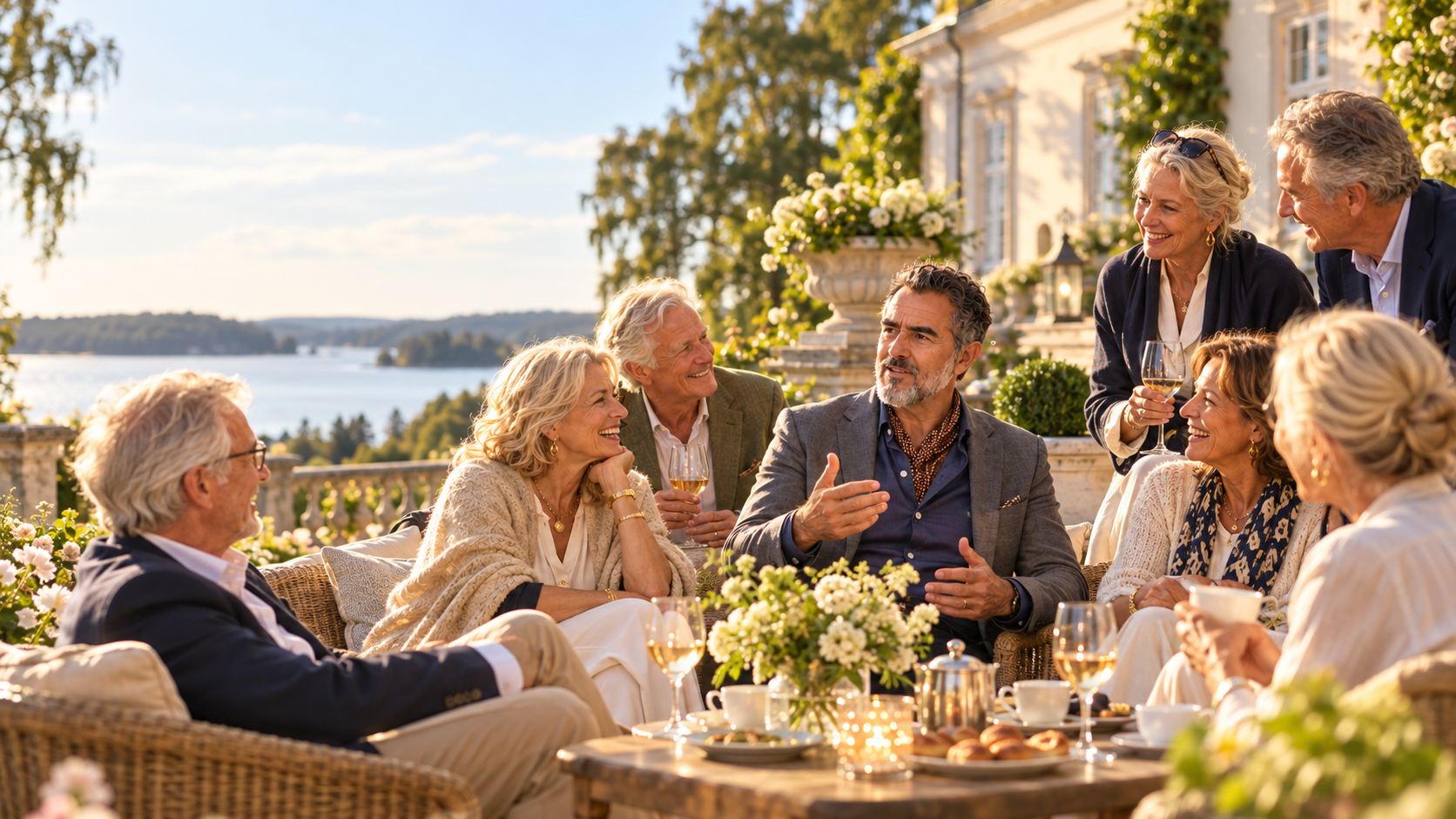 Illustrasjonsbilde av Rafael Edholm og gjester i samtale på en lys terrasse