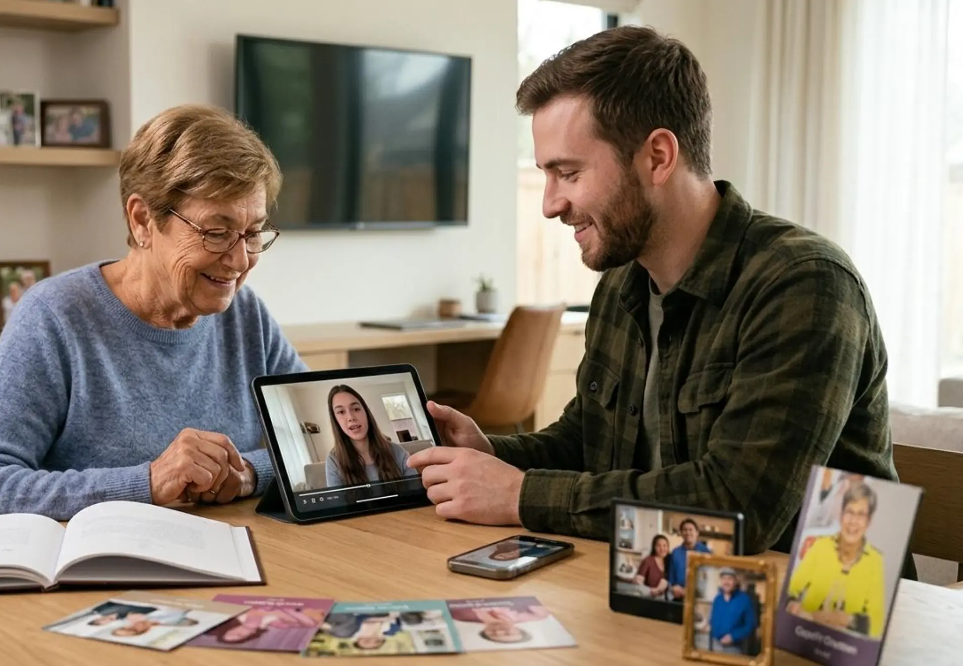 Illustrasjonsbilde av to personer som ser på et opptak på et nettbrett
