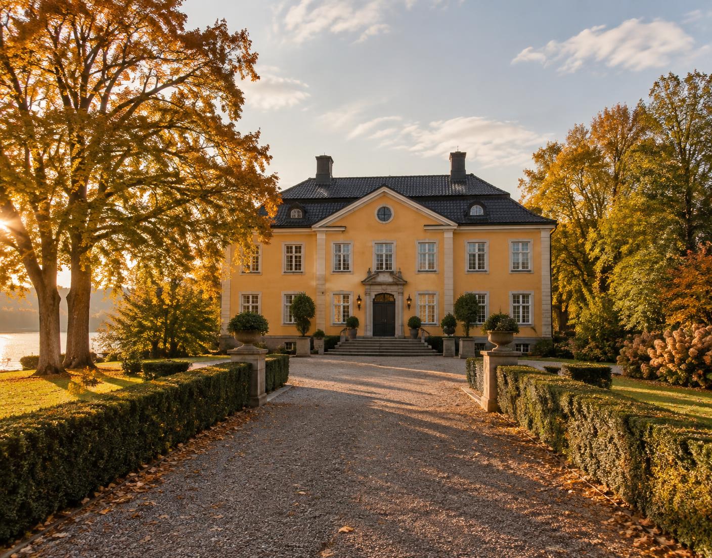 Illustrativ herrgårdsmiljö bland höstträd